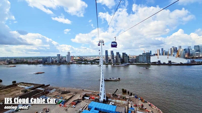 IFS Cloud Cable Car 高空橫跨泰晤士河，遠眺倫敦O2 Arena與Canary Wharf金融區。